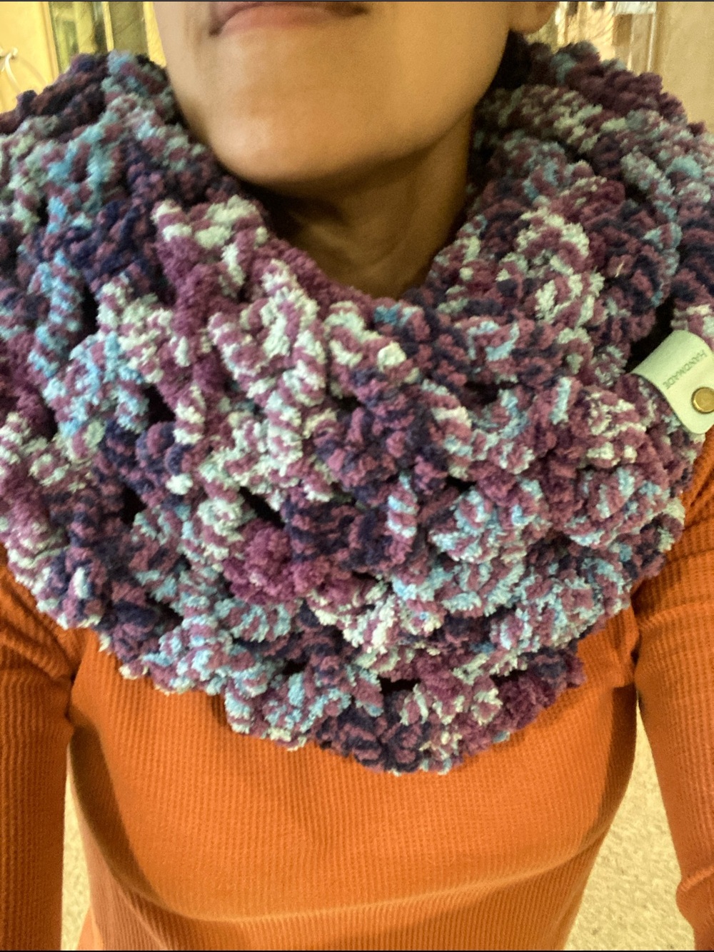 Plush Chunky Infinity Scarf in Purple and Light Blue